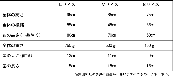 寺院本堂用-造花仏花　サイズ表